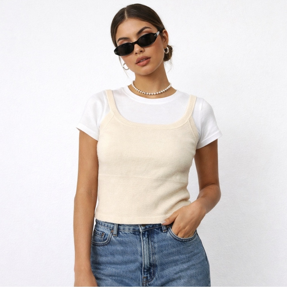 Fredini Sweater Tank Top Cream XL Wool Angora Knit Neutral Minimalist Luxe Layer